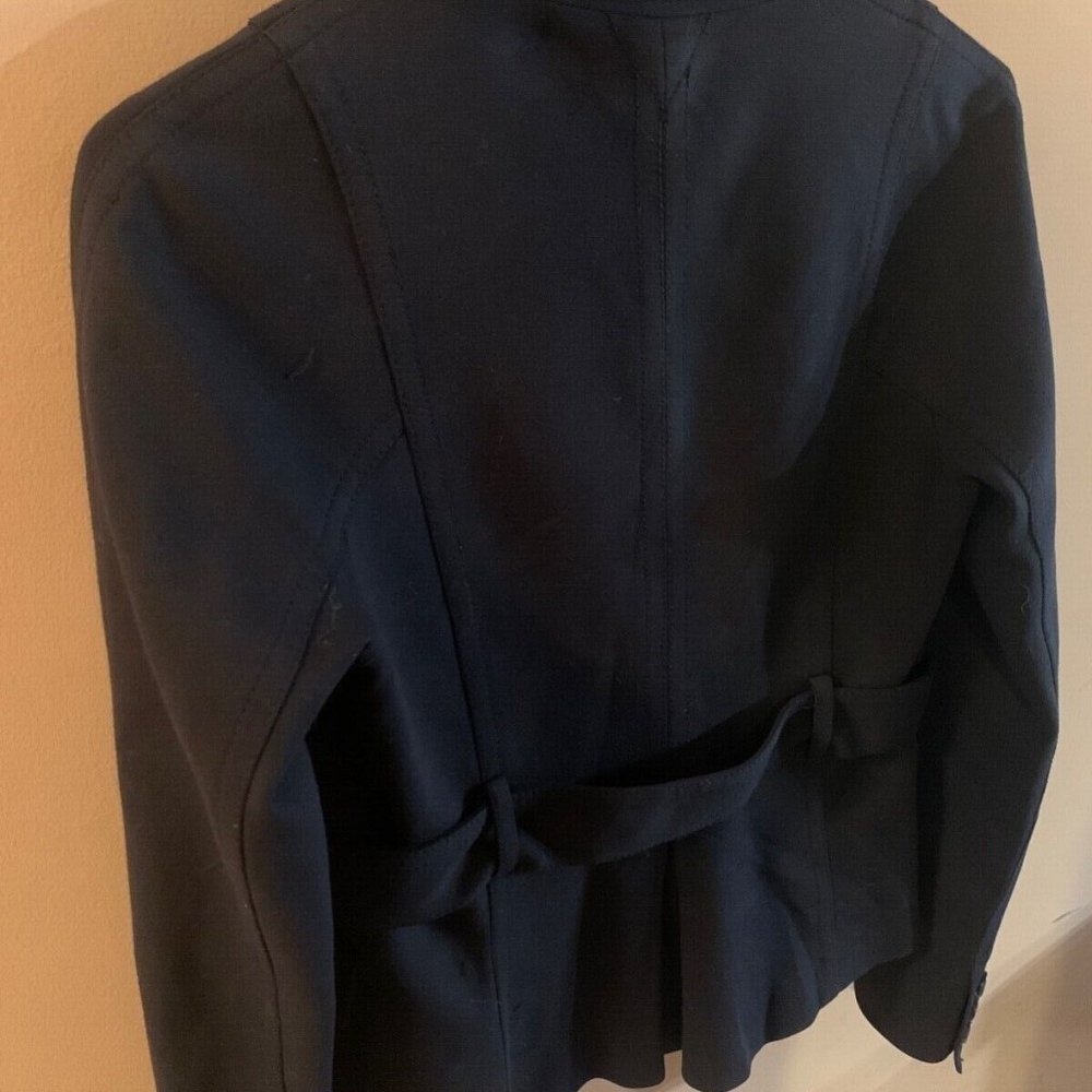 THEORY Black Dress Coat Belted Button Pockets Leather Collar Size Medium - Picture 2 of 6